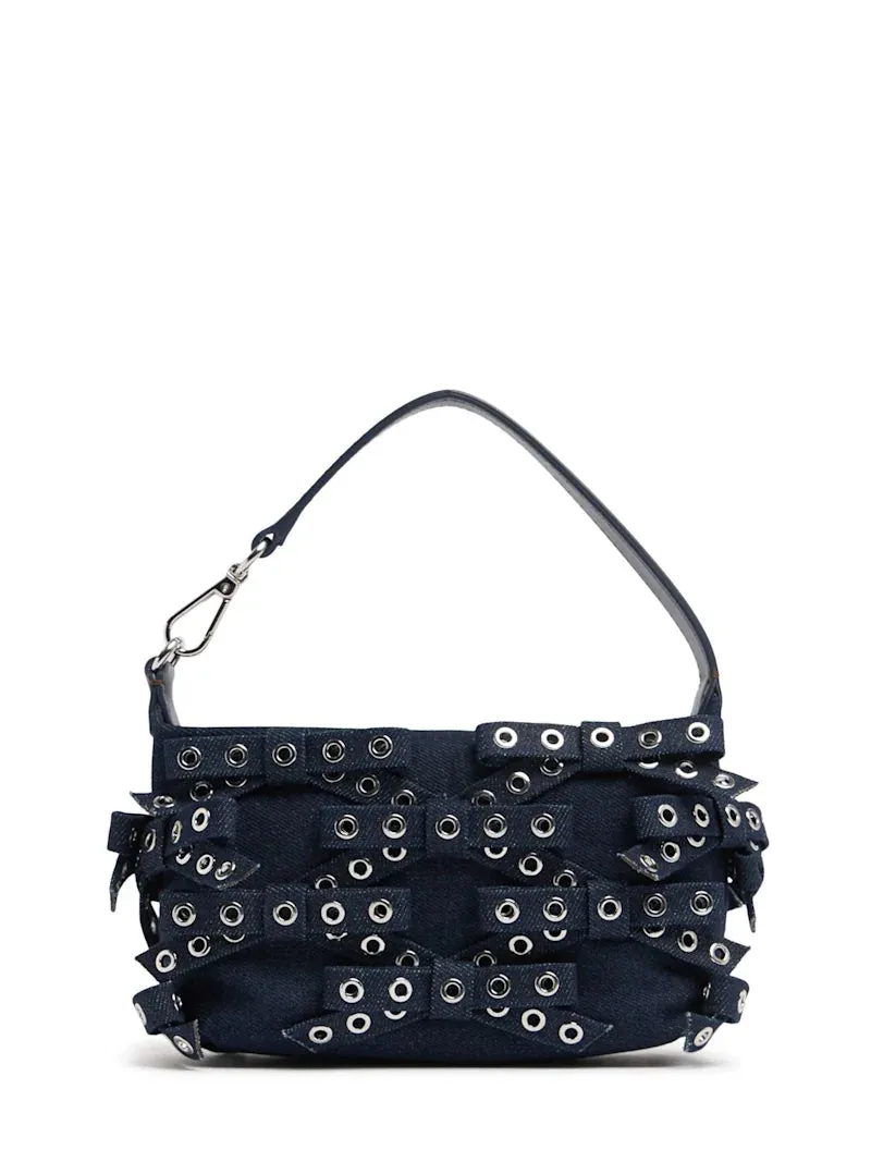GANNI Small Butterfly Bow Eyelet Denim Pouch