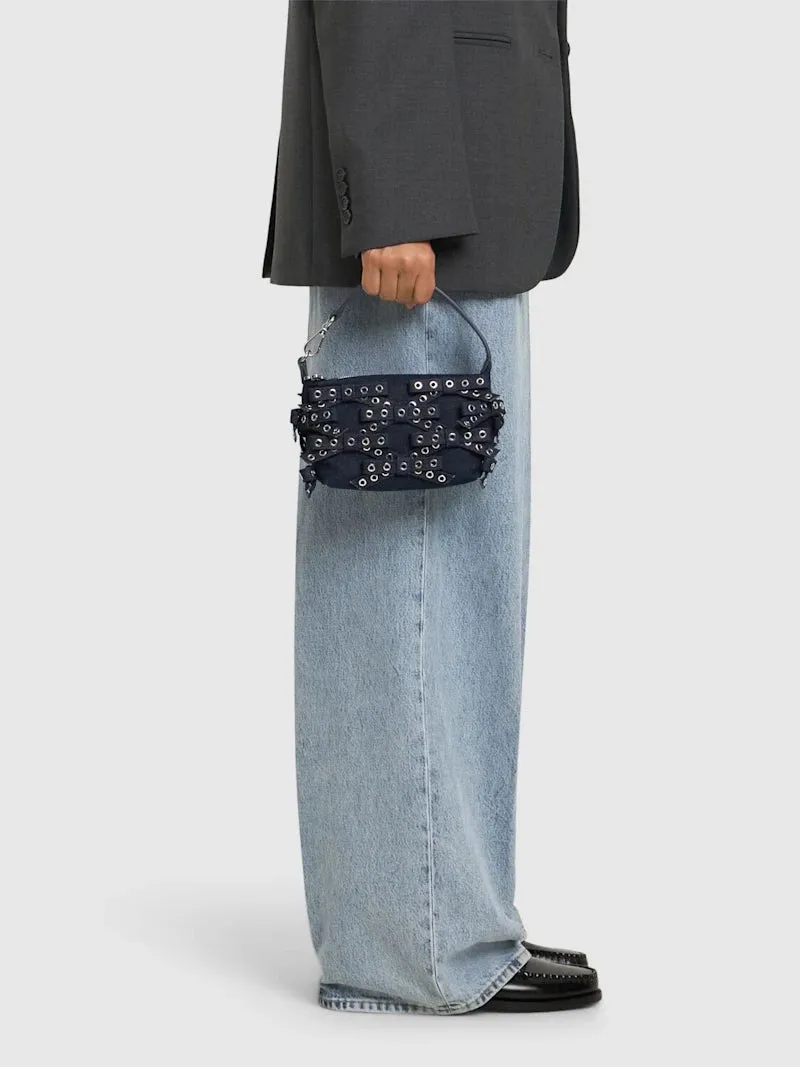 GANNI Small Butterfly Bow Eyelet Denim Pouch