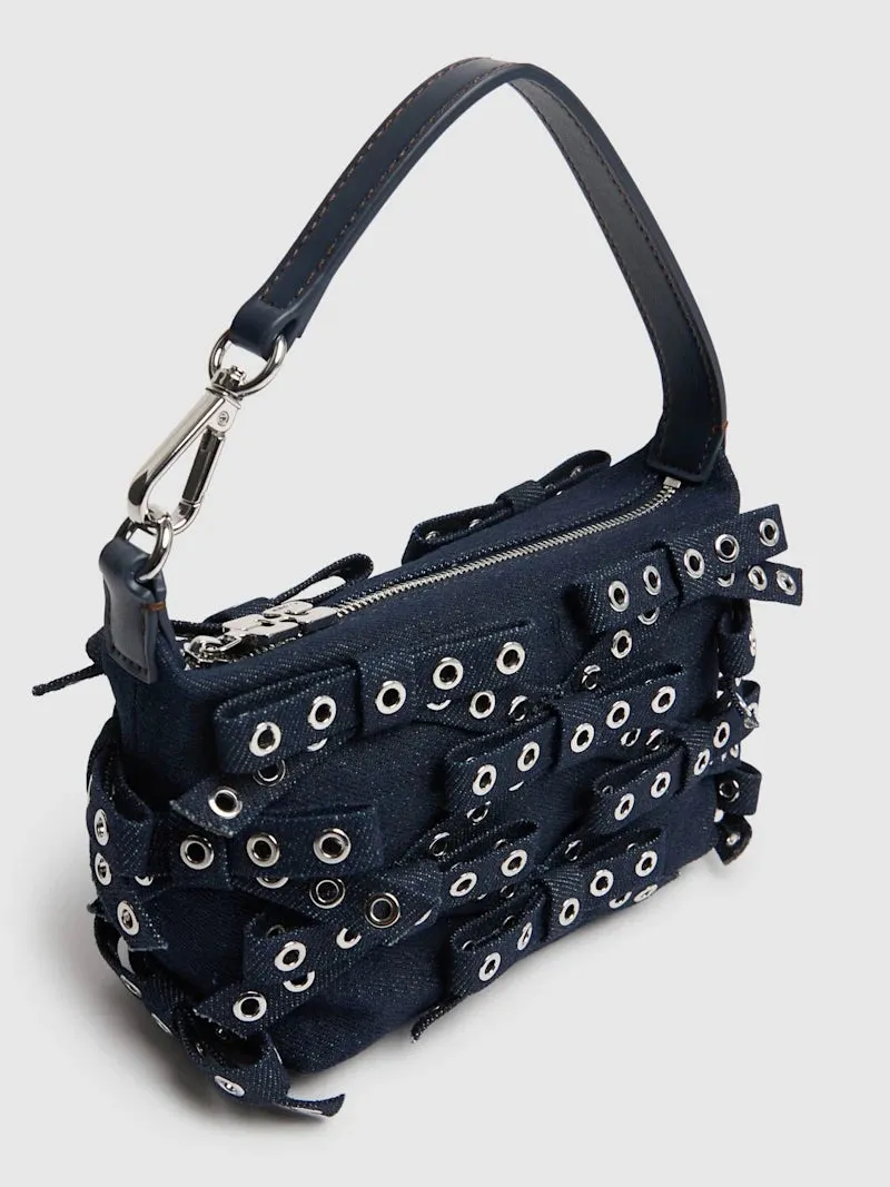 GANNI Small Butterfly Bow Eyelet Denim Pouch