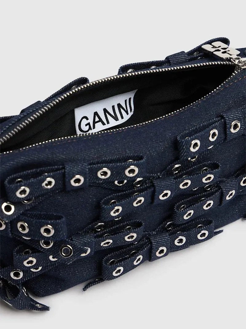 GANNI Small Butterfly Bow Eyelet Denim Pouch