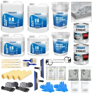 Garage Epoxy Floor Kit – 100% Solids - 2 Part Industrial-Grade Coating w/UltraGlaze Topcoat | DIY Slip & Hot Tire Resistant I 900 Sq Ft - Designer Gray - 32 pc kit