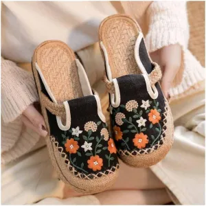 GHYUB Cotton China Shoes ，Embroidered Shoes Women's Chinese Floral Embroidery Slippers Casual Shoes，Canvas Linen Slipper (Color : Black, Size : EUR37/38)