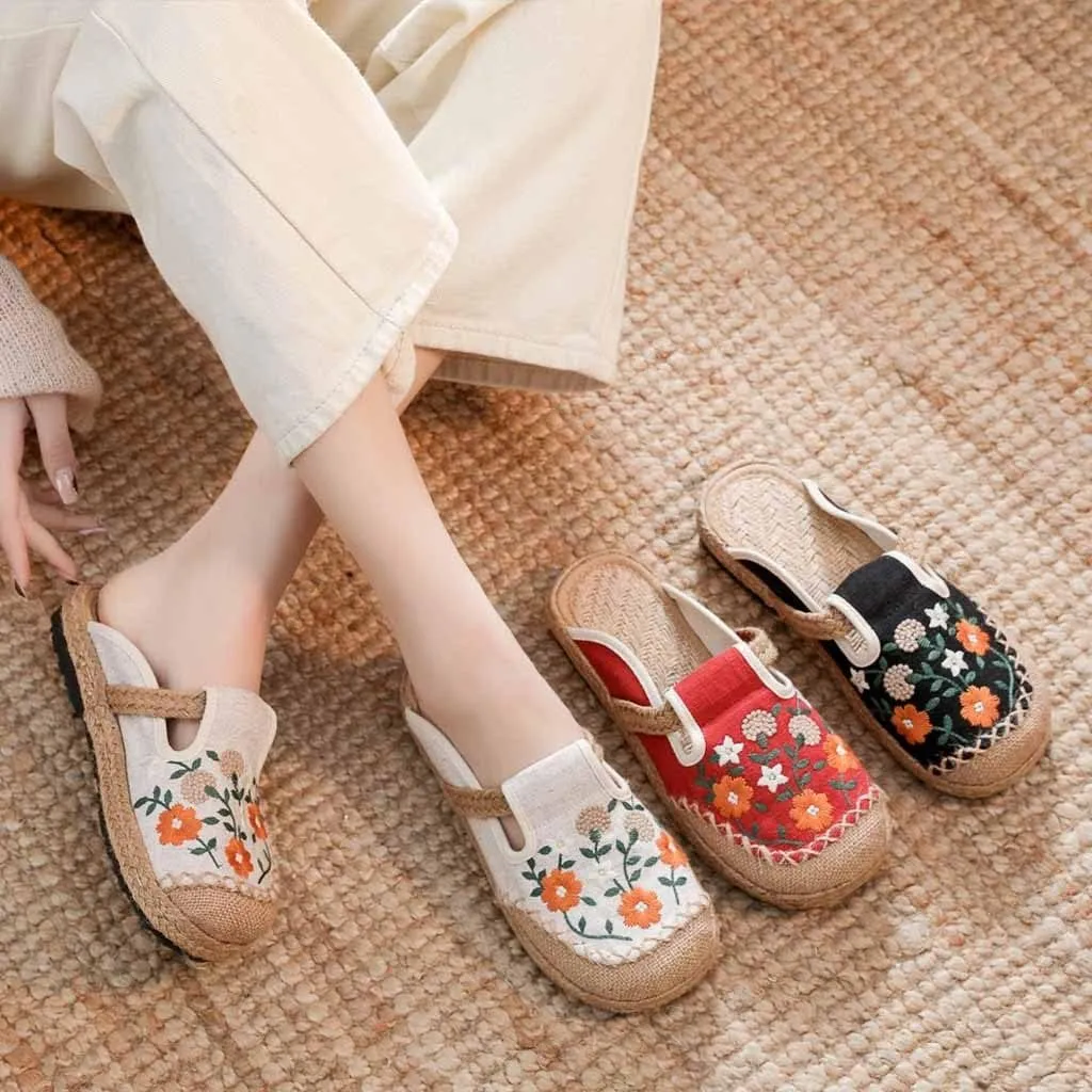 GHYUB Cotton China Shoes ，Embroidered Shoes Women's Chinese Floral Embroidery Slippers Casual Shoes，Canvas Linen Slipper (Color : Black, Size : EUR37/38)