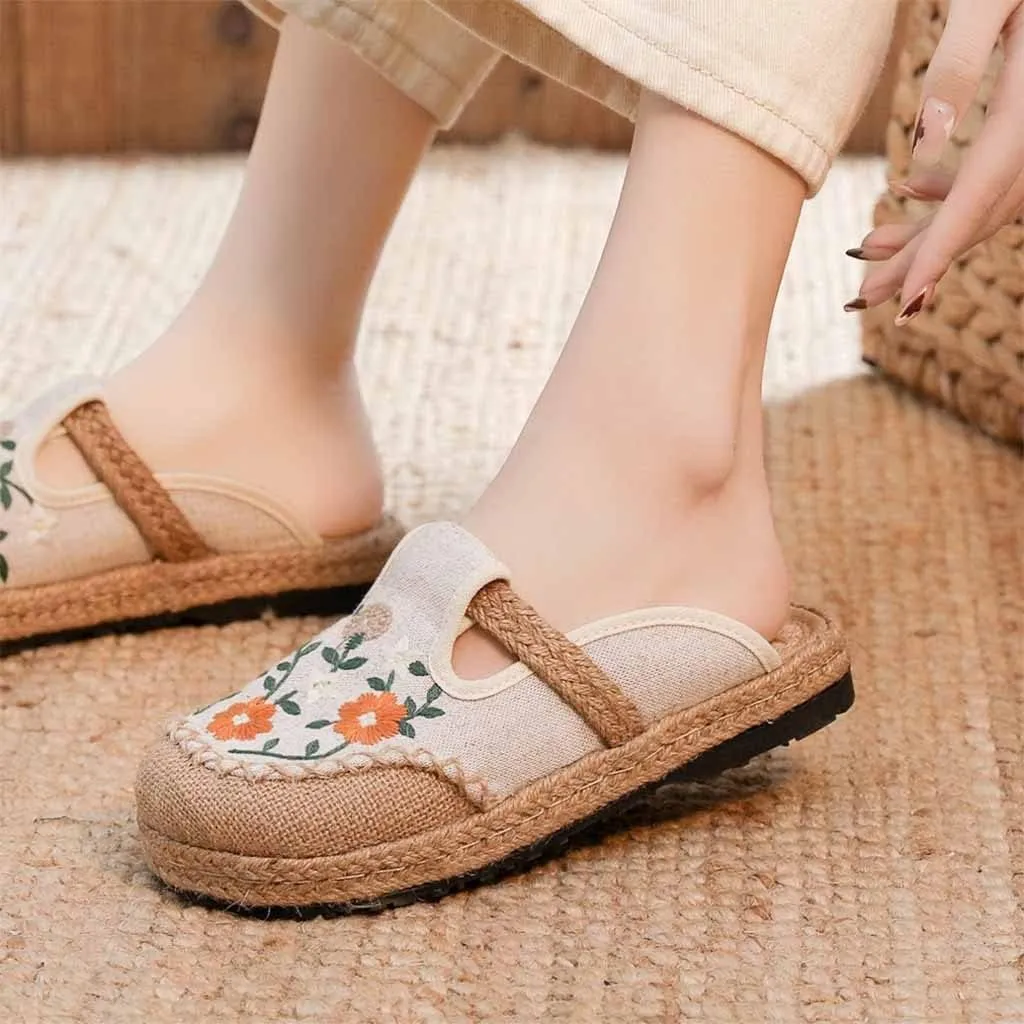 GHYUB Cotton China Shoes ，Embroidered Shoes Women's Chinese Floral Embroidery Slippers Casual Shoes，Canvas Linen Slipper (Color : Black, Size : EUR37/38)