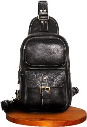 GHYUBYER Men's Leather Crossbody Sling Backpack Sling Bag Travel Hiking Chest Bag Daypack，Retro Brown Sling Bag (Color : Black)