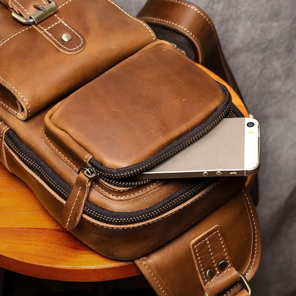 GHYUBYER Men's Leather Crossbody Sling Backpack Sling Bag Travel Hiking Chest Bag Daypack，Retro Brown Sling Bag (Color : Black)