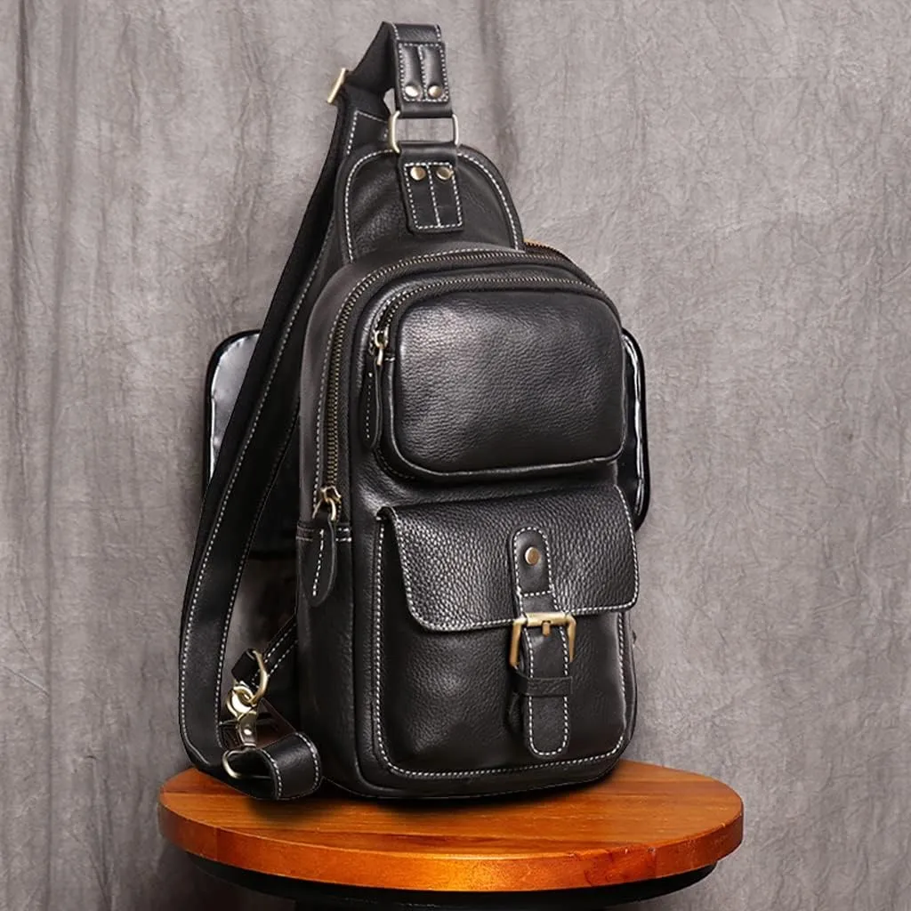 GHYUBYER Men's Leather Crossbody Sling Backpack Sling Bag Travel Hiking Chest Bag Daypack，Retro Brown Sling Bag (Color : Black)