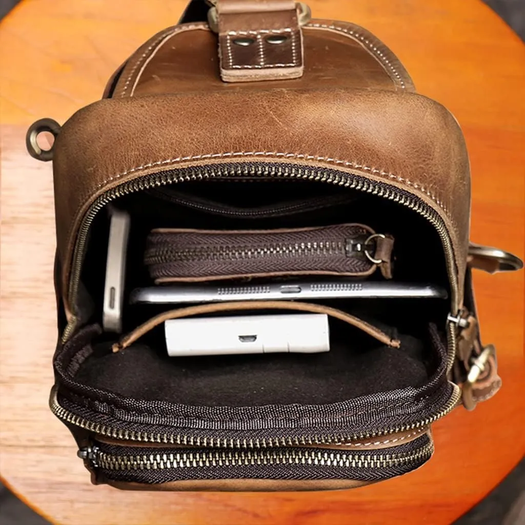 GHYUBYER Men's Leather Crossbody Sling Backpack Sling Bag Travel Hiking Chest Bag Daypack，Retro Brown Sling Bag (Color : Black)