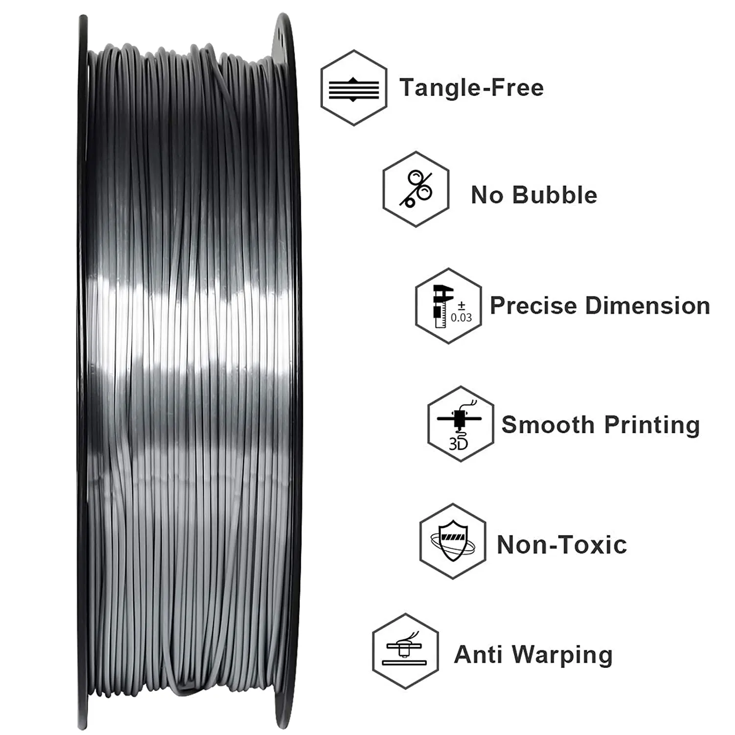 GIANTARM Silk Metallic Silver PLA 3D Printer Filament 1kg Spool, 1.75mm Dimensional Accuracy  /-0.03mm, 1080 Feet per Roll, Vacuum Packaging