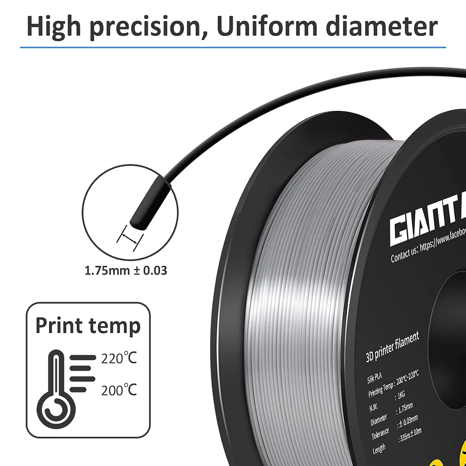 GIANTARM Silk Metallic Silver PLA 3D Printer Filament 1kg Spool, 1.75mm Dimensional Accuracy  /-0.03mm, 1080 Feet per Roll, Vacuum Packaging