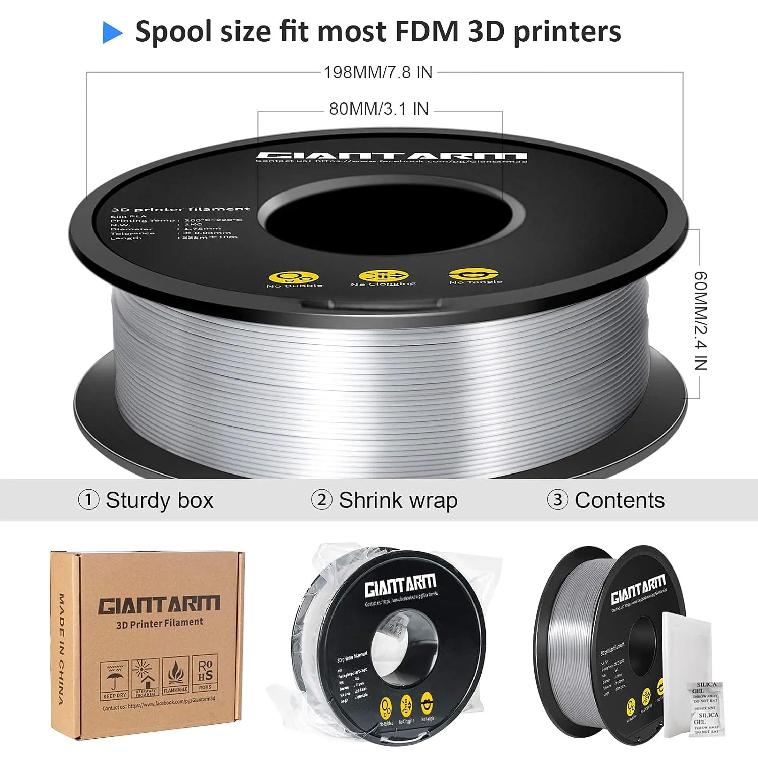 GIANTARM Silk Metallic Silver PLA 3D Printer Filament 1kg Spool, 1.75mm Dimensional Accuracy  /-0.03mm, 1080 Feet per Roll, Vacuum Packaging