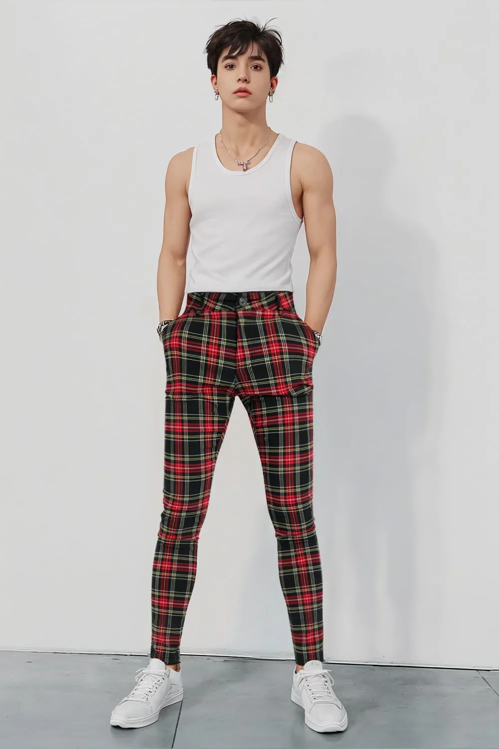 GINGTTO Mens Plaid Dress Pants Stretch Chino Pants Men Slim Fit
