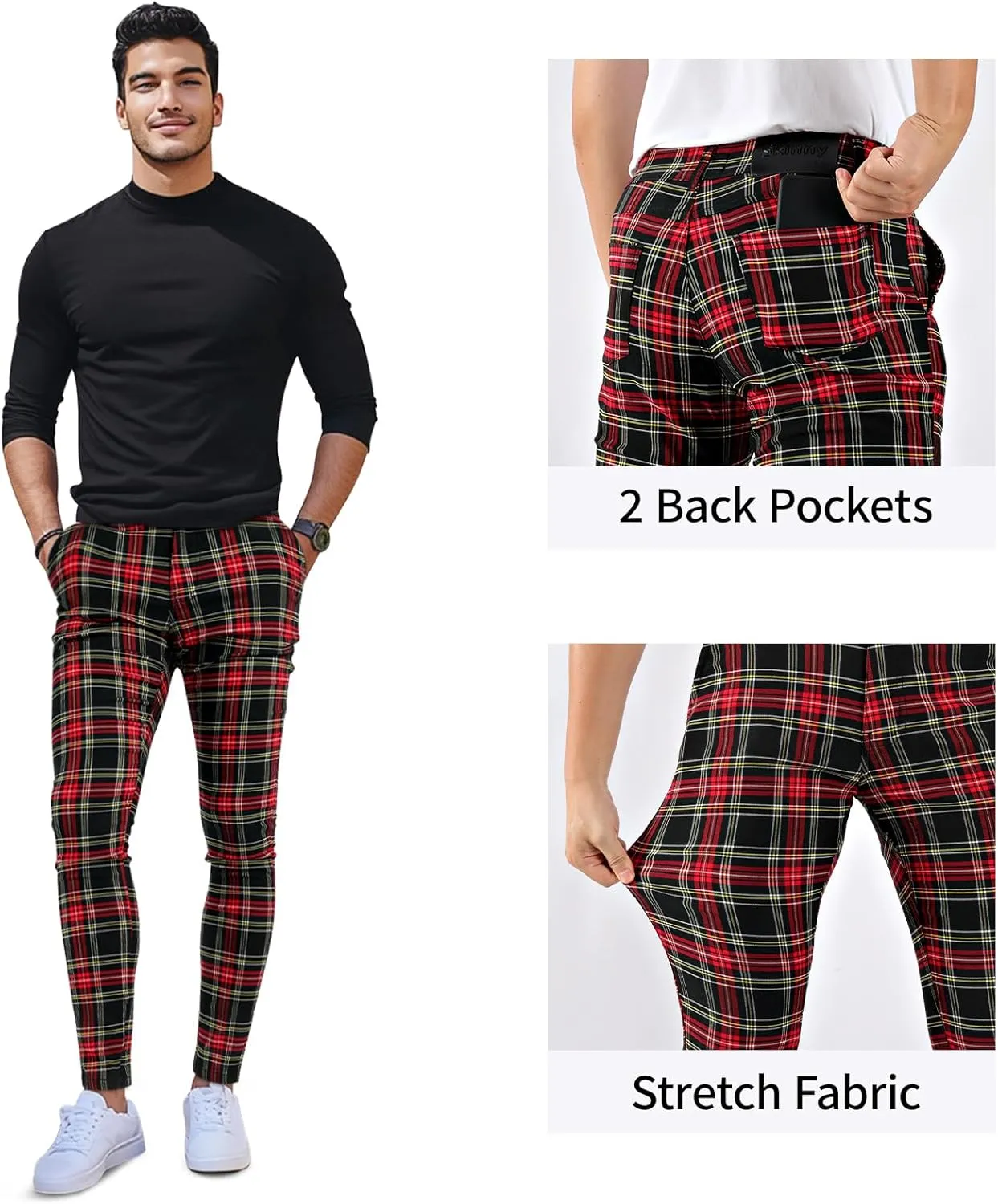 GINGTTO Mens Plaid Dress Pants Stretch Chino Pants Men Slim Fit