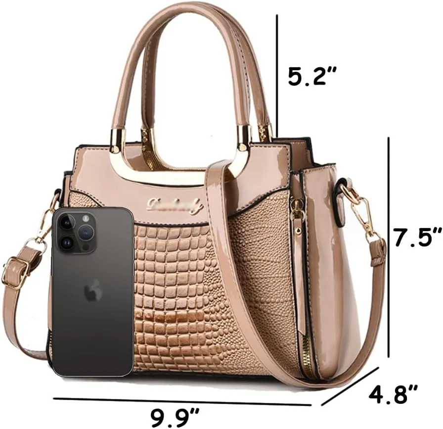 Glossy Patent Leather Handbags Purses for Women Satchel Crocodile Pattern Top Handle Handbag Ladies Shoulder Bag