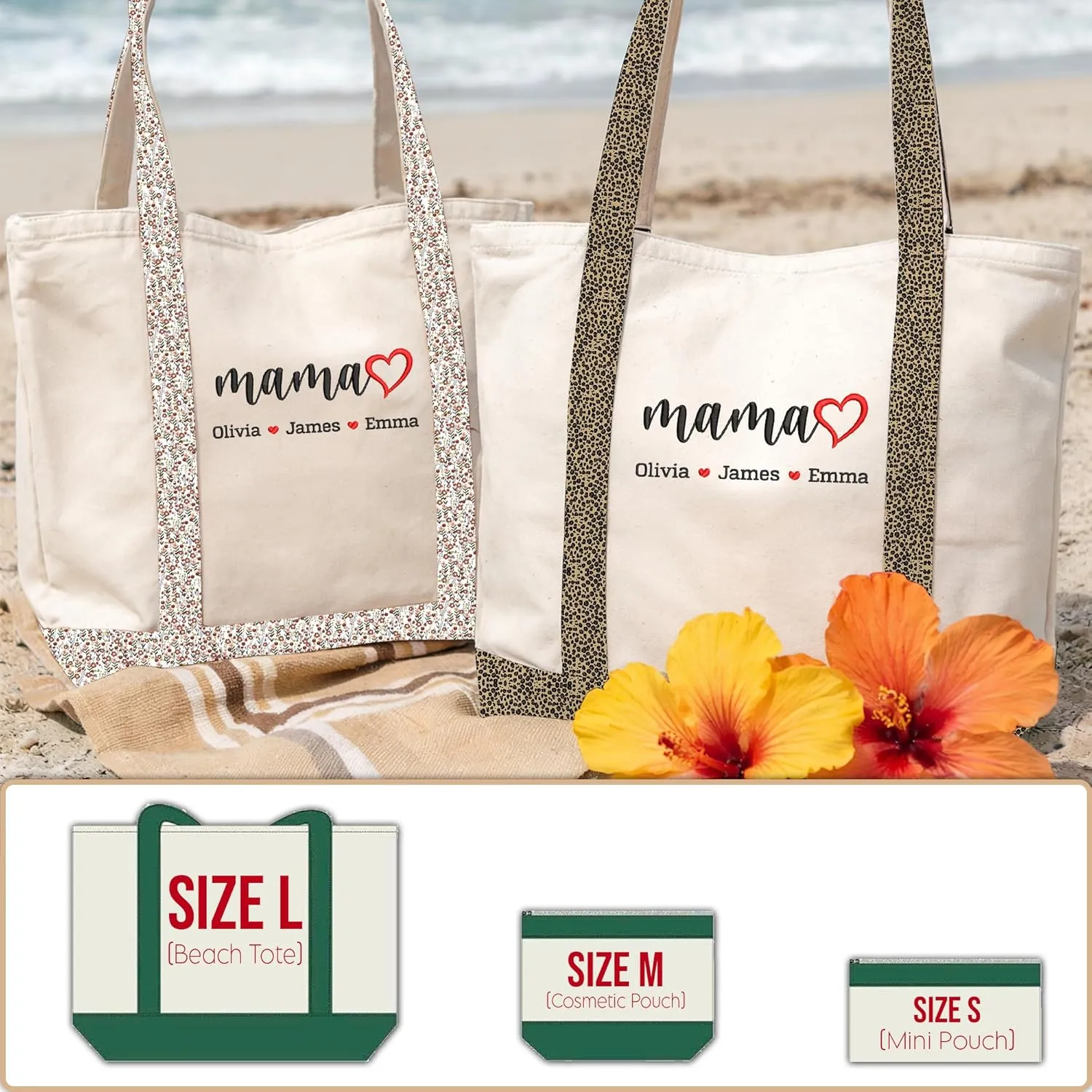 GODMERCH Personalized Embroidered Mama Canvas Tote Bag, Custom Tote with Kids Names, Gifts for Women Mothers Day Christmas