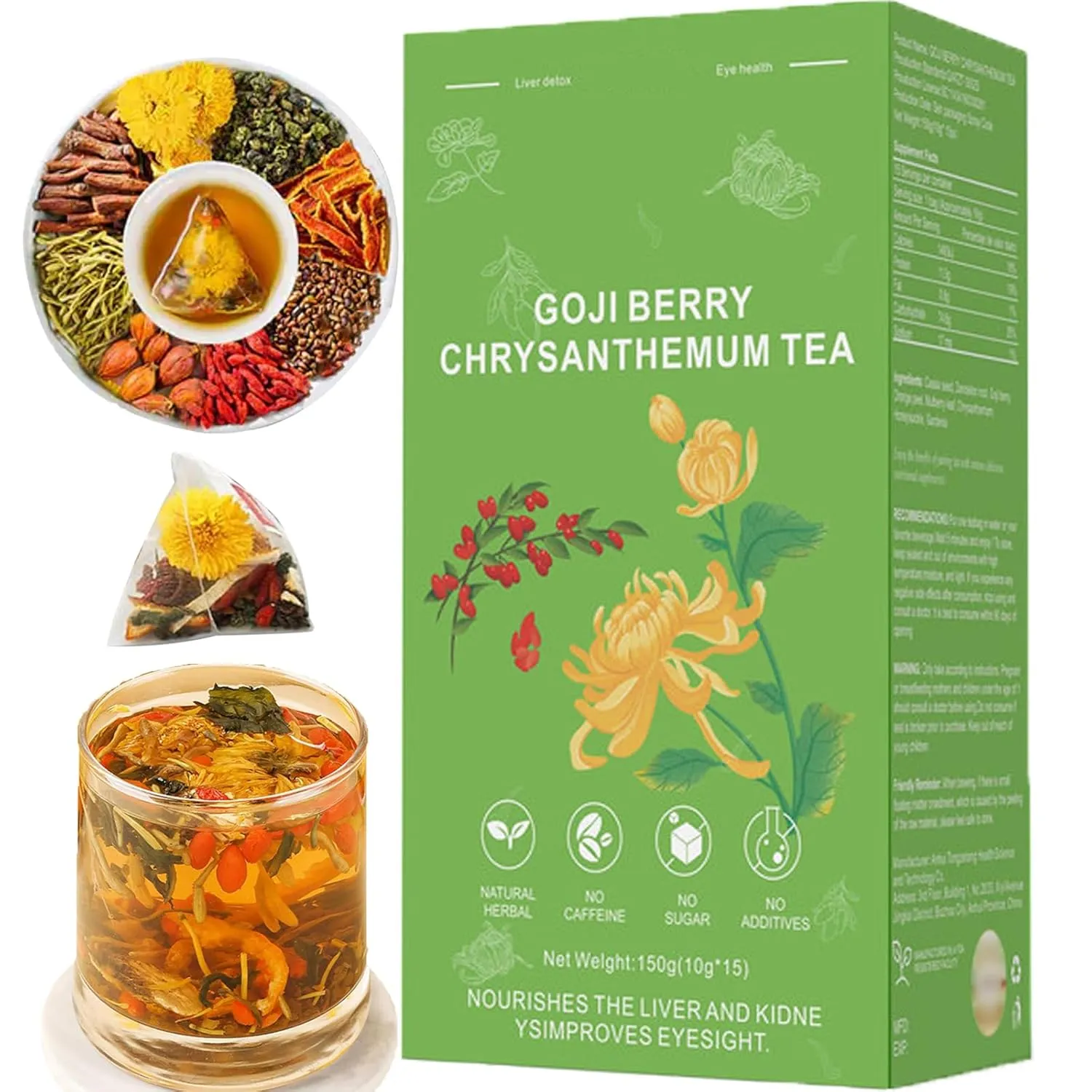 Goji Berry Chrysanthemum Tea, Dandelion Wolfberry Tea, Kidney & Liver Health Chinese Chrysanthemunn Cassia Seed Tea Bags with Eight Herbal Ingredients(1Box/15 Bags)