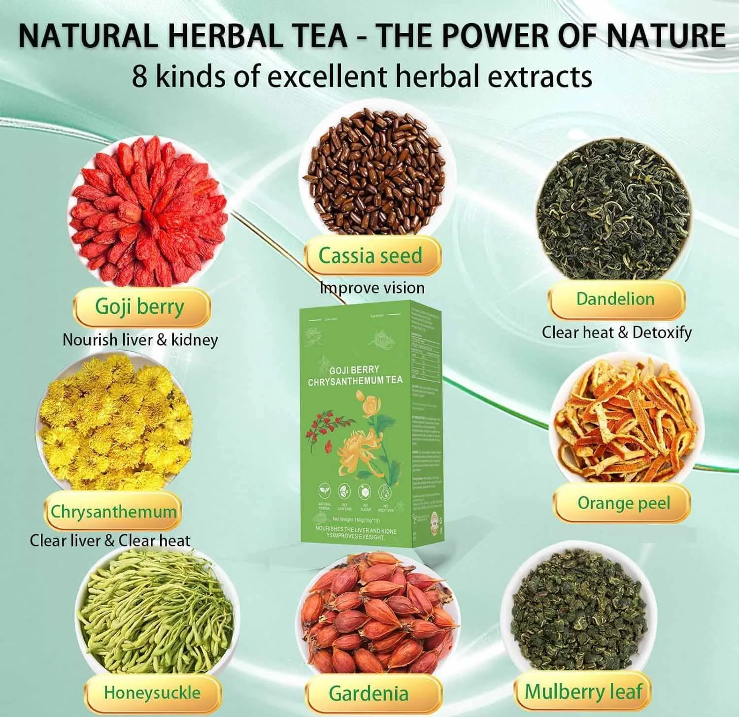 Goji Berry Chrysanthemum Tea, Dandelion Wolfberry Tea, Kidney & Liver Health Chinese Chrysanthemunn Cassia Seed Tea Bags with Eight Herbal Ingredients(1Box/15 Bags)