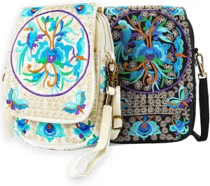 Goodhan Women's 2 Pack Multicolor Floral Embroidered Canvas Crossbody Pouch, 3 Compartments, 7.5 x 5.5 x 2 Inches