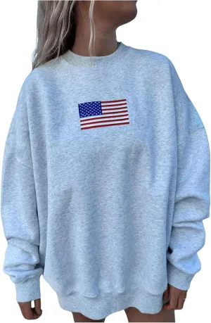 GORGLITTER Women's American Flag Pattern Oversized Sweatshirts Long Sleeve Crewneck Loose Streetwear Pullover Tops