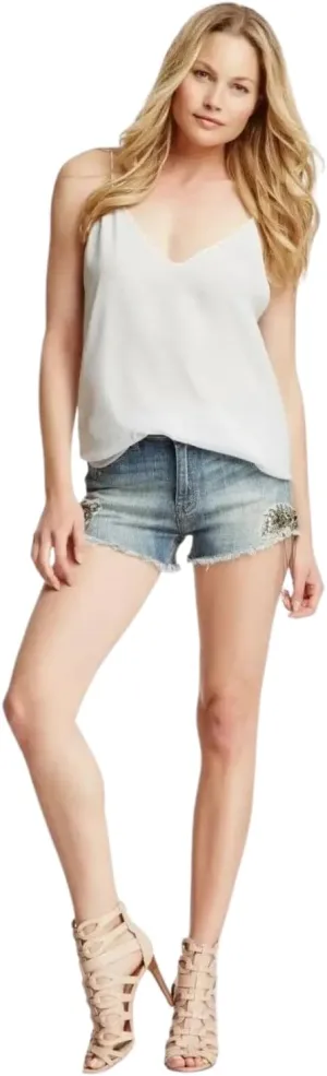 Grace in LA Women's Low Rise Embellished Chain Cut Off Distressed Denim Stretch Jean Shorts