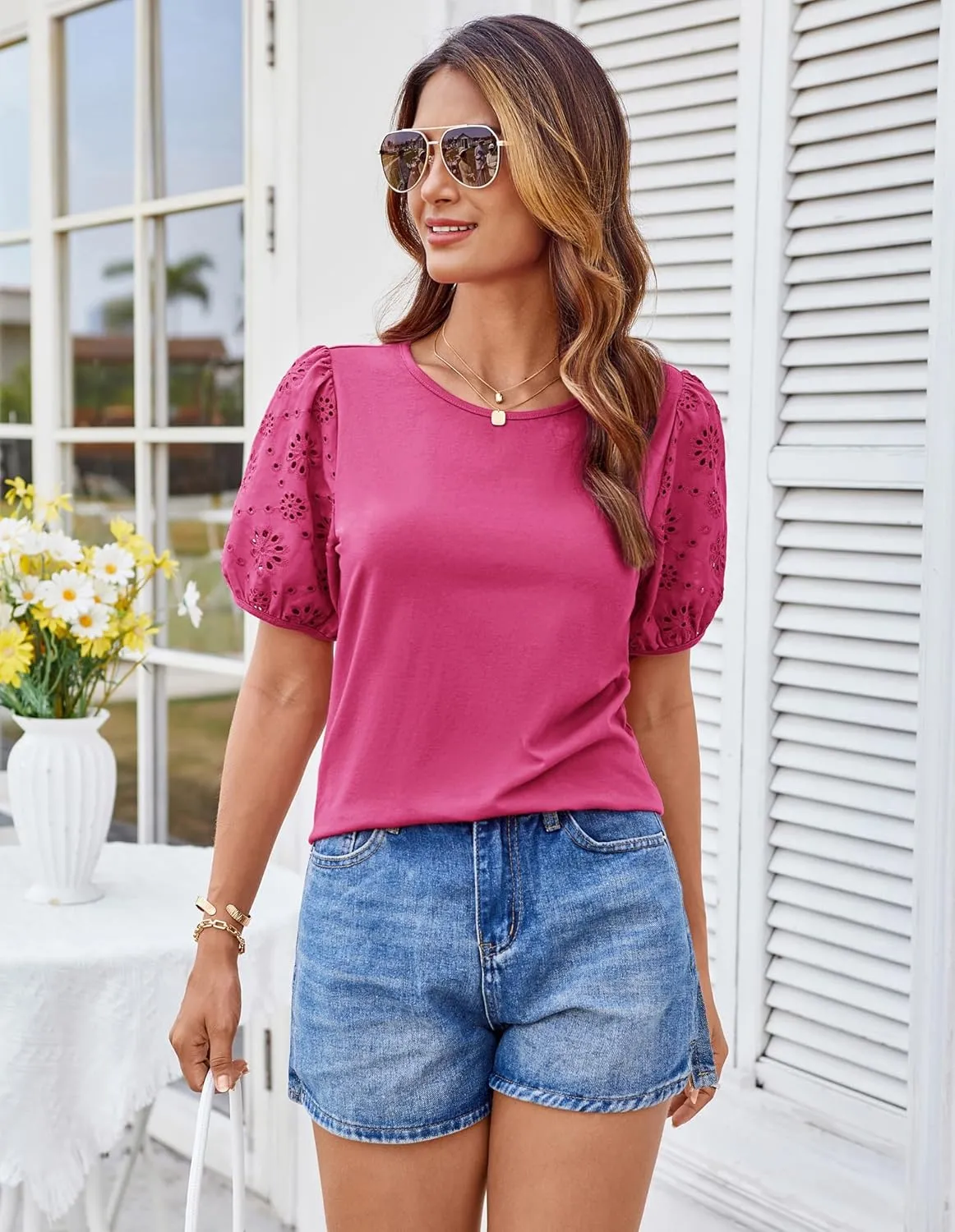 GRACE KARIN Short Sleeve Casual Tops for Women Dressy Summer Crewneck Puff Loose Fit Eyelet Top Light Work Blouses Shirts