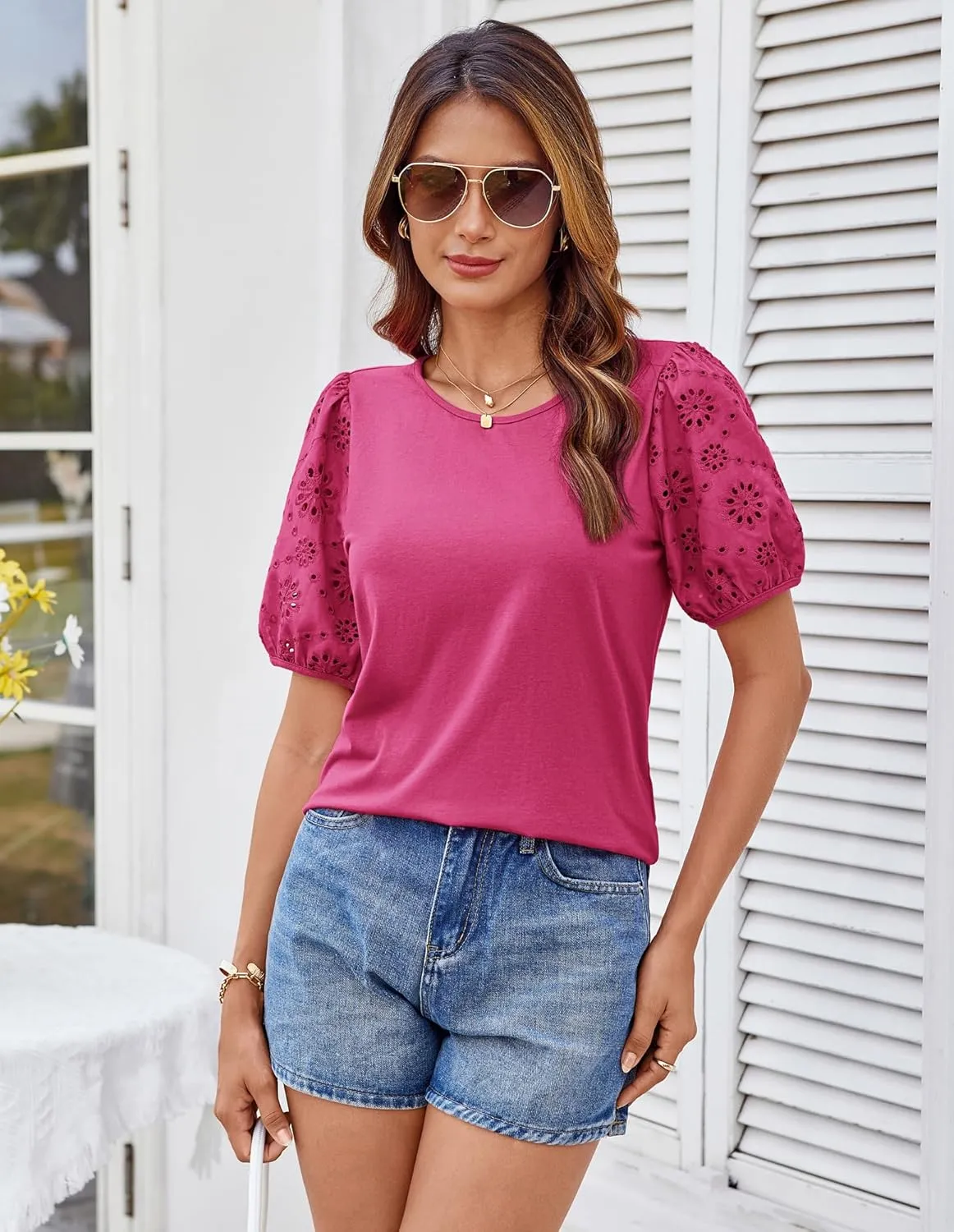 GRACE KARIN Short Sleeve Casual Tops for Women Dressy Summer Crewneck Puff Loose Fit Eyelet Top Light Work Blouses Shirts