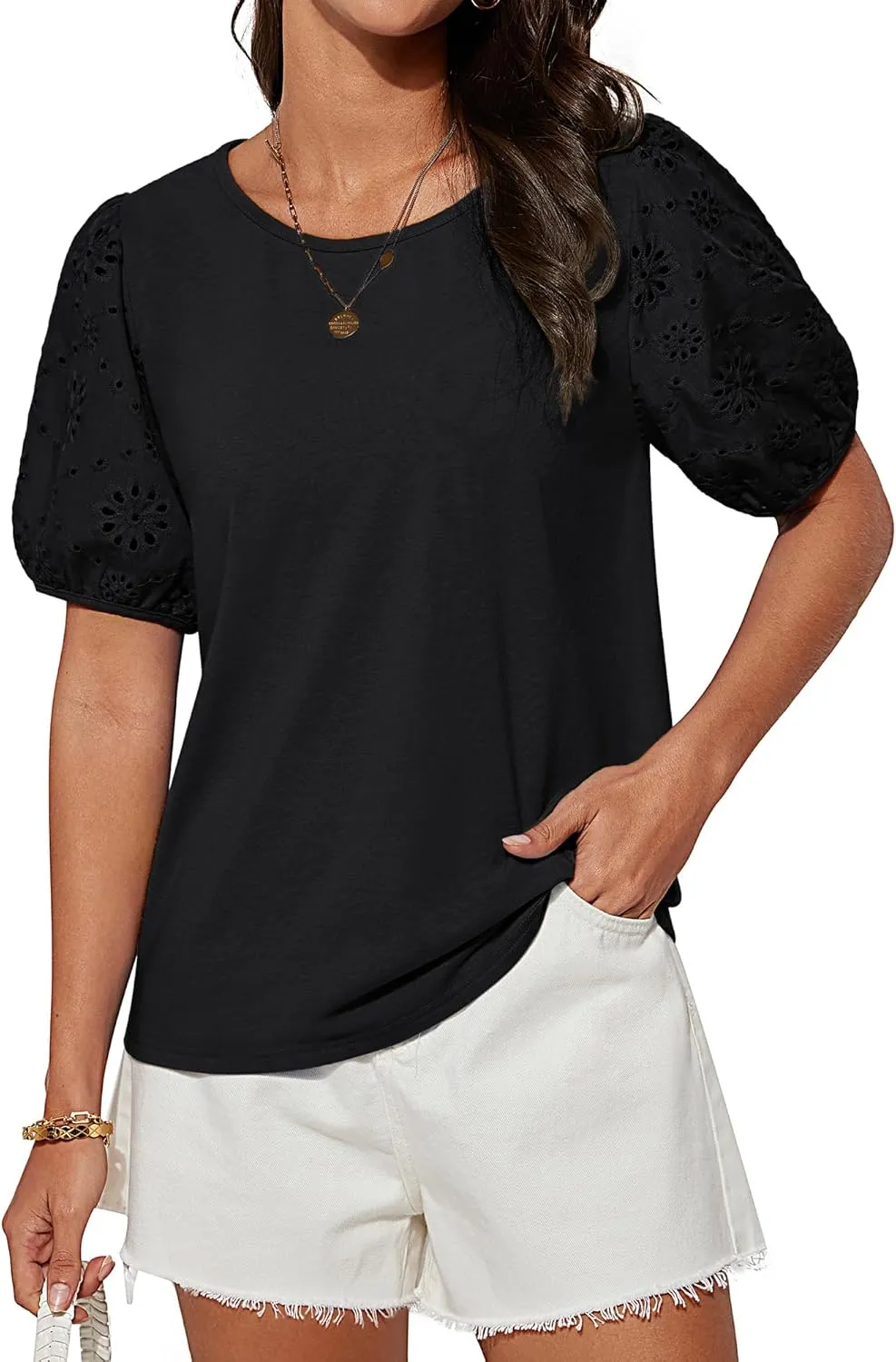 GRACE KARIN Short Sleeve Casual Tops for Women Dressy Summer Crewneck Puff Loose Fit Eyelet Top Light Work Blouses Shirts