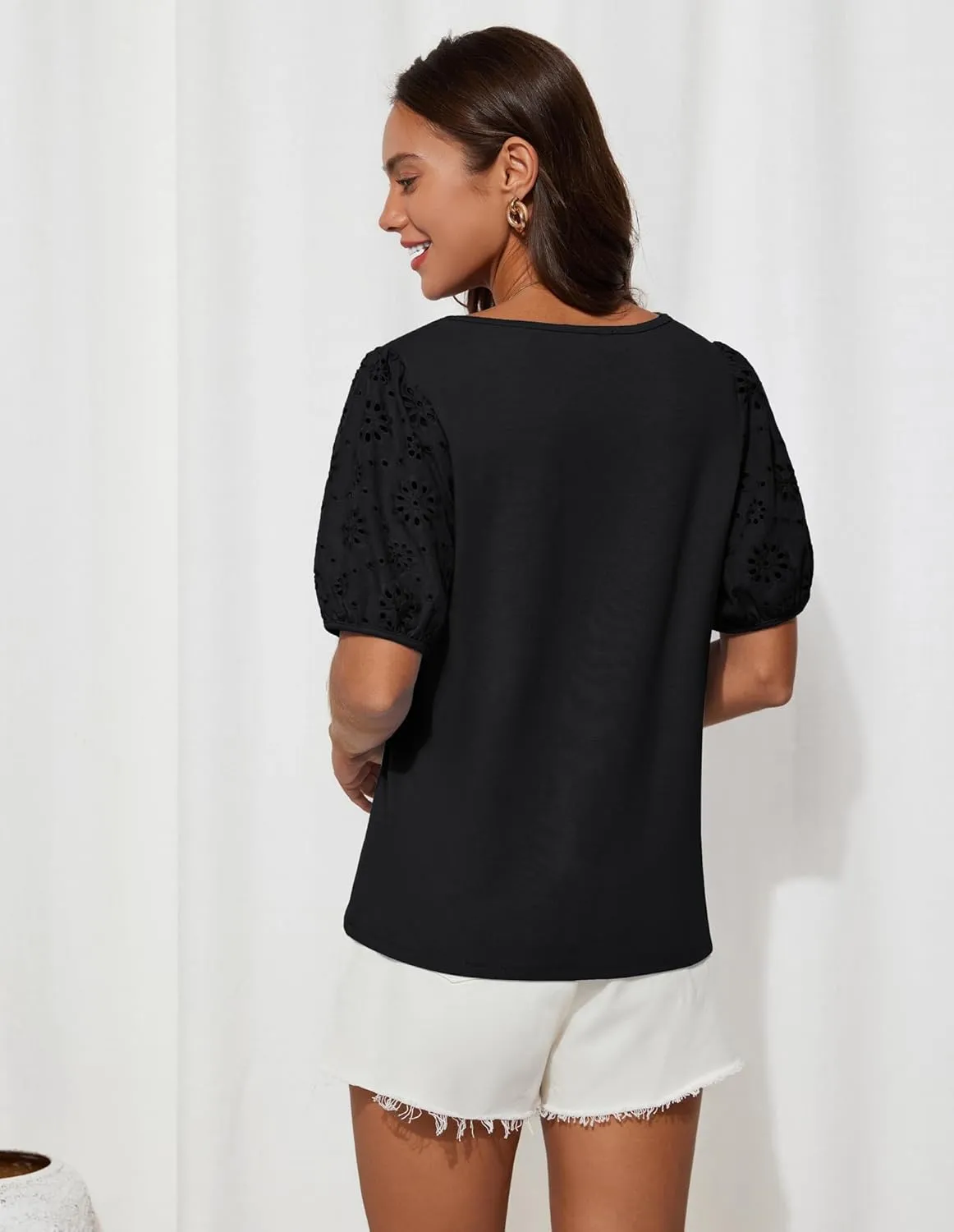 GRACE KARIN Short Sleeve Casual Tops for Women Dressy Summer Crewneck Puff Loose Fit Eyelet Top Light Work Blouses Shirts