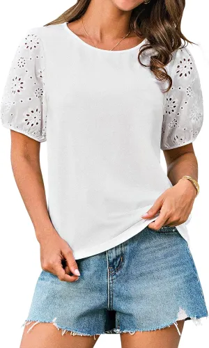 GRACE KARIN Short Sleeve Casual Tops for Women Dressy Summer Crewneck Puff Loose Fit Eyelet Top Light Work Blouses Shirts