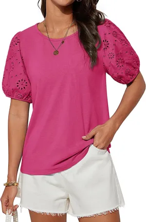 GRACE KARIN Short Sleeve Casual Tops for Women Dressy Summer Crewneck Puff Loose Fit Eyelet Top Light Work Blouses Shirts