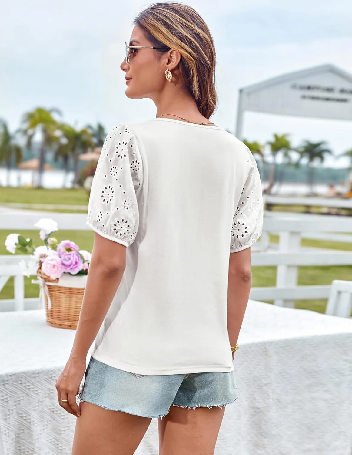 GRACE KARIN Short Sleeve Casual Tops for Women Dressy Summer Crewneck Puff Loose Fit Eyelet Top Light Work Blouses Shirts