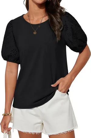GRACE KARIN Short Sleeve Casual Tops for Women Dressy Summer Crewneck Puff Loose Fit Eyelet Top Light Work Blouses Shirts