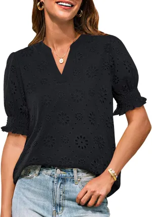 GRACE KARIN Women's Summer Tops Puff Short Sleeve V Neck Blouses Hollow Out Lace Embroidered Blouses Shirts