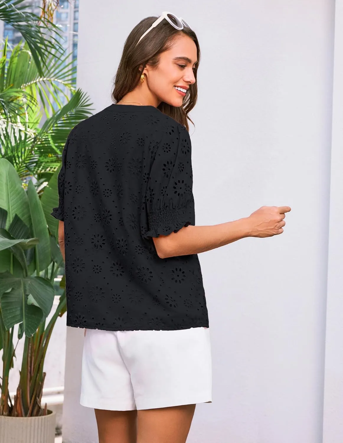 GRACE KARIN Women's Summer Tops Puff Short Sleeve V Neck Blouses Hollow Out Lace Embroidered Blouses Shirts