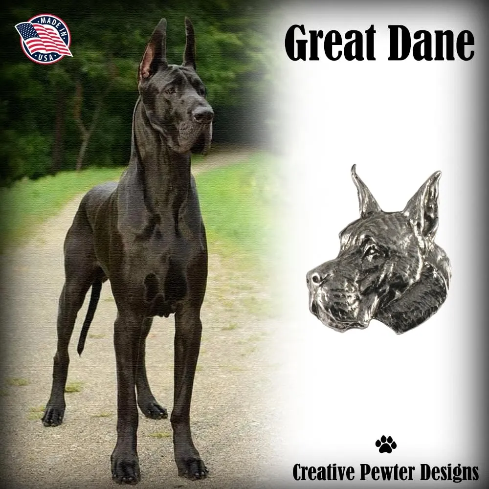 Great Dane Dog, Lapel Pin, Hat, Pins, Brooch, Keychain, Key Fob, Canine, Germany, Jewelry, Metal, Gift, 100% Handmade in America, (#01 Pewter Pin Head 1 1/4" D094)