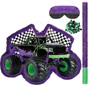 Green and Purple Truck Piñata of Monster Piñata Race Car Bundle with a Blindfold and Confetti Birthday Party Supplies Small Racing for Construction Party Favors Decor