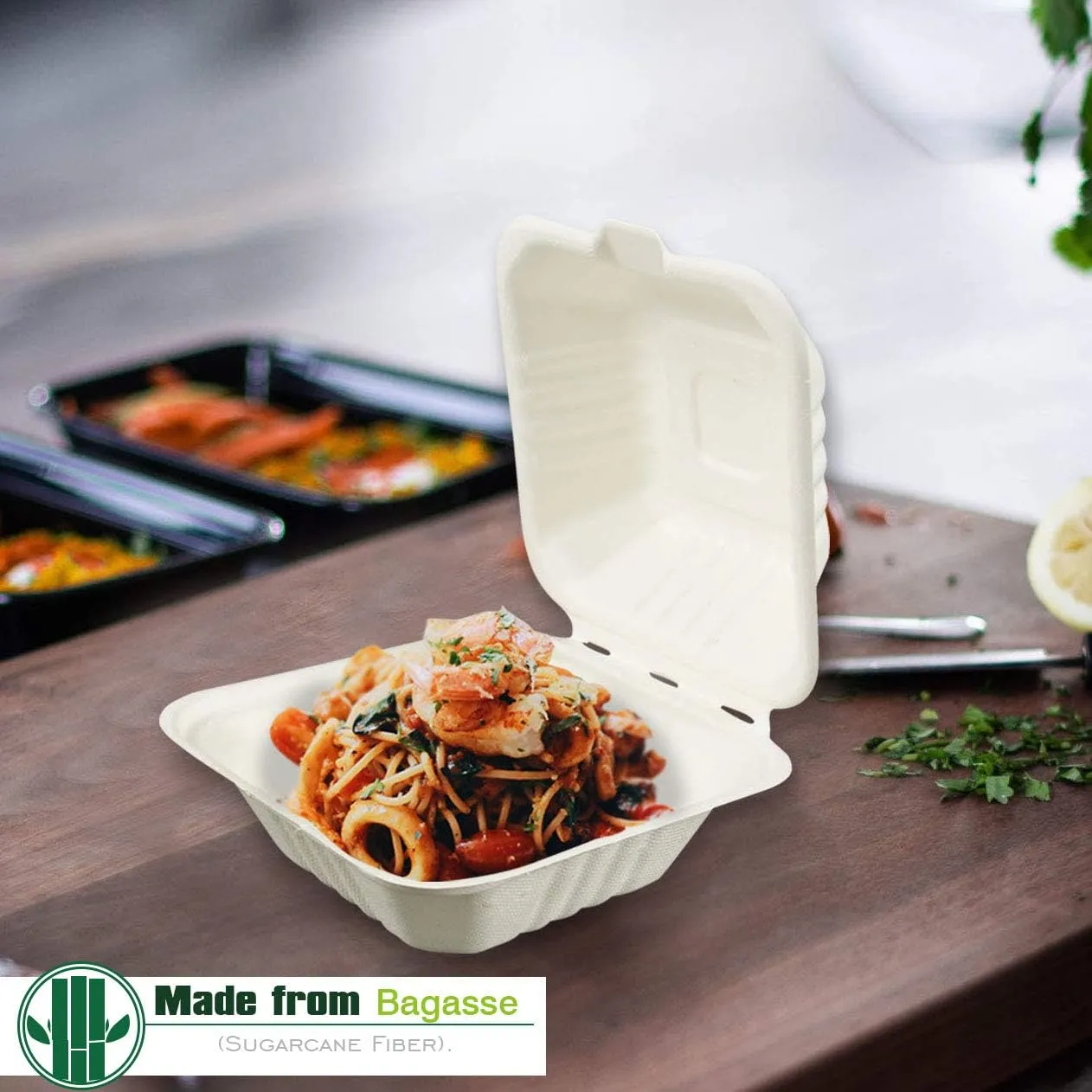 Green Earth 6-inch, 500-Count, Compostable Clamshell, Natural Bagasse (Sugarcane Fiber), Take-Out/to-Go Food Boxes - Biodegradable Containers, Hinged Lid Microwave-Safe Gluten-Free Eco-Friendly
