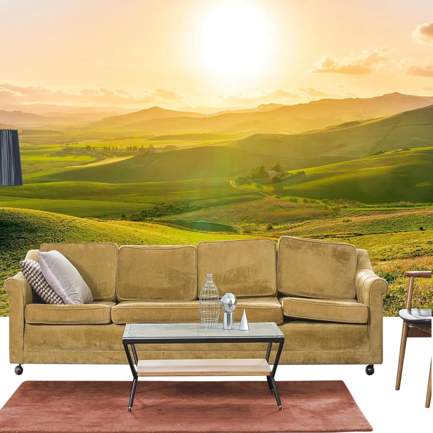 Green Grassland Mountains Mural， Natural Landscape Sunlight Mural Non Woven Wall Mural for Living Room Bedroom Kids Room Nursery Activity Room-79 W x 56" H