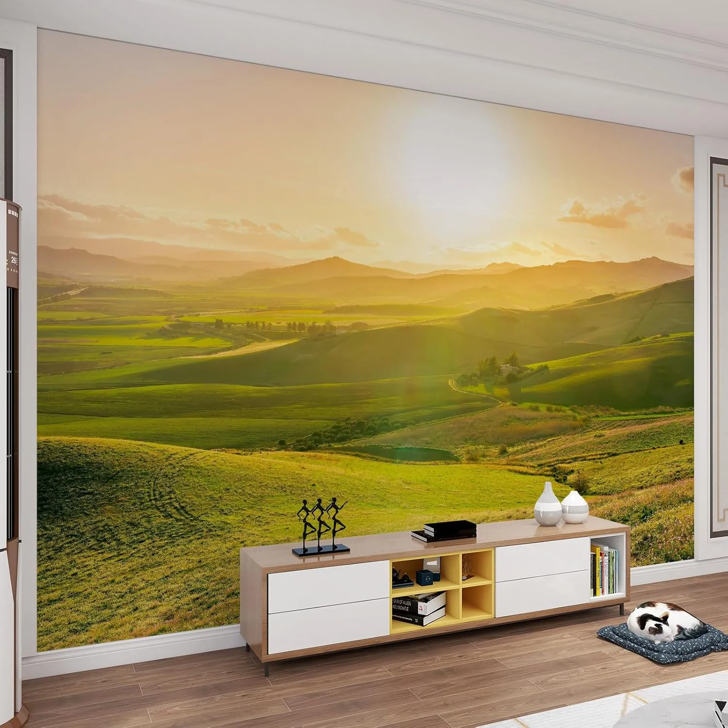 Green Grassland Mountains Mural， Natural Landscape Sunlight Mural Non Woven Wall Mural for Living Room Bedroom Kids Room Nursery Activity Room-79 W x 56" H