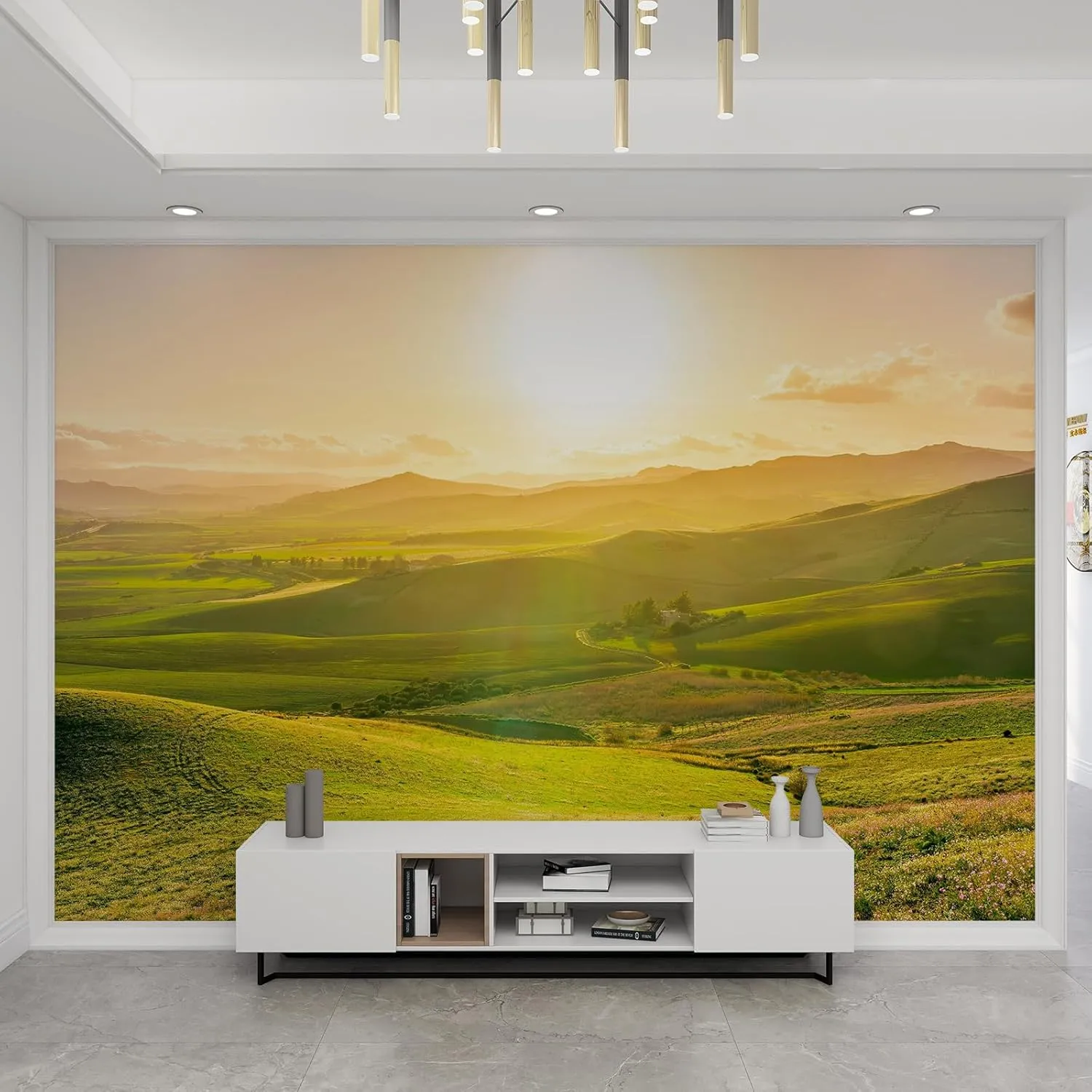 Green Grassland Mountains Mural， Natural Landscape Sunlight Mural Non Woven Wall Mural for Living Room Bedroom Kids Room Nursery Activity Room-79 W x 56" H