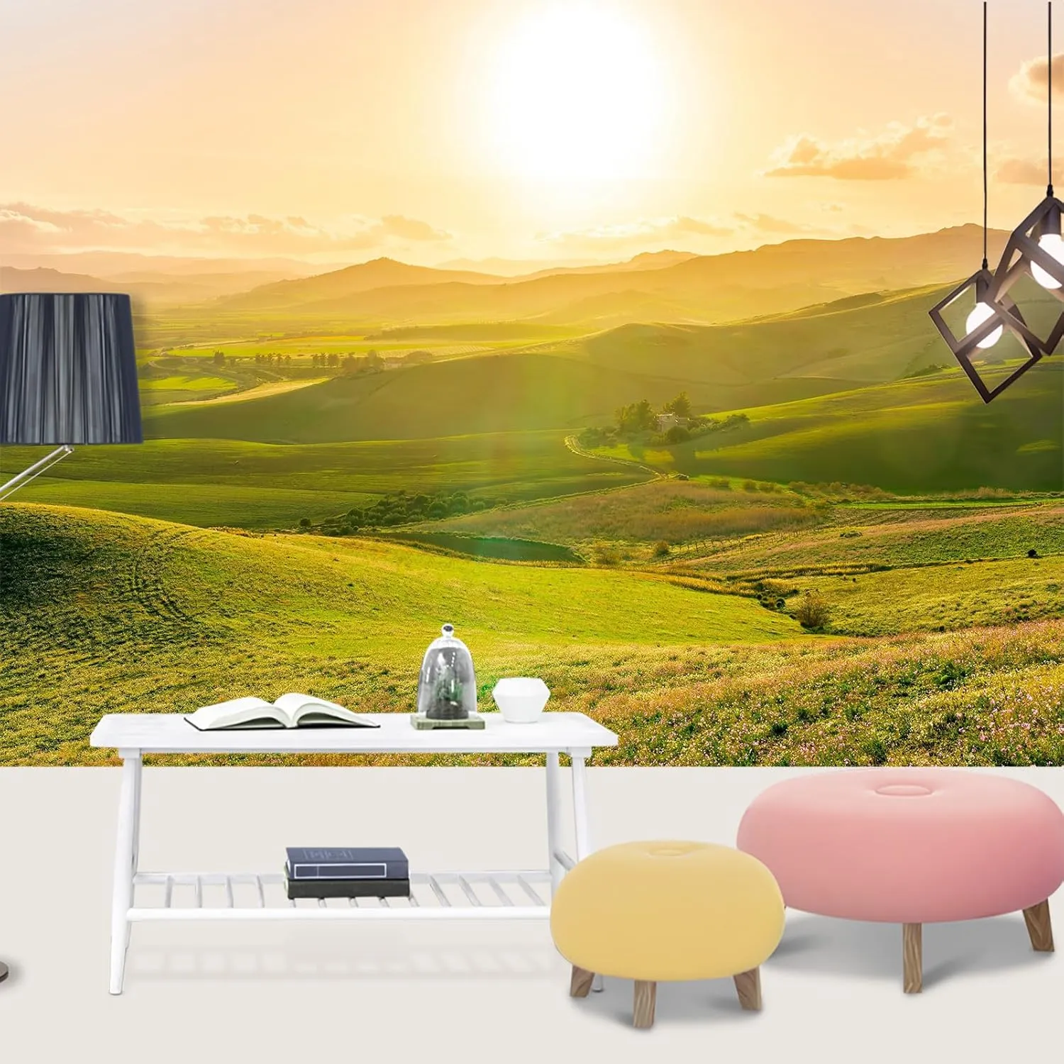 Green Grassland Mountains Mural， Natural Landscape Sunlight Mural Non Woven Wall Mural for Living Room Bedroom Kids Room Nursery Activity Room-79 W x 56" H