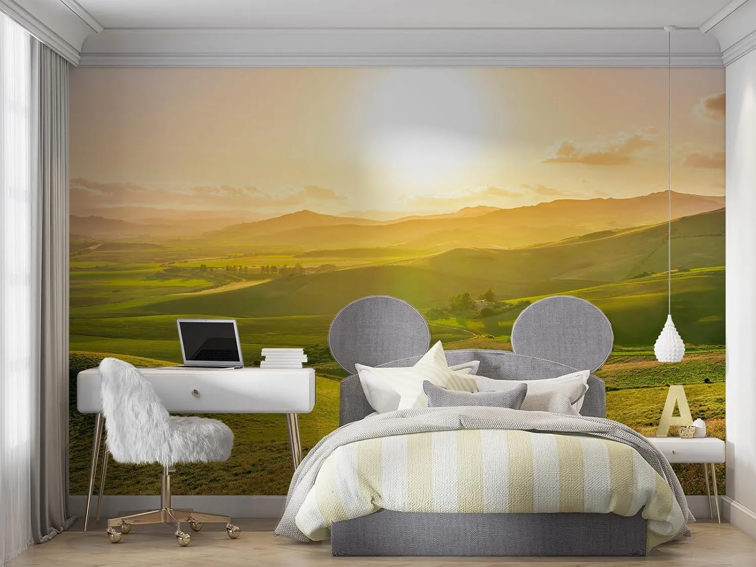 Green Grassland Mountains Mural， Natural Landscape Sunlight Mural Non Woven Wall Mural for Living Room Bedroom Kids Room Nursery Activity Room-79 W x 56" H