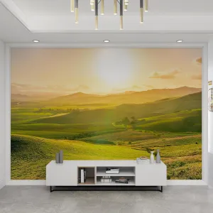 Green Grassland Mountains Mural， Natural Landscape Sunlight Mural Non Woven Wall Mural for Living Room Bedroom Kids Room Nursery Activity Room-79 W x 56" H