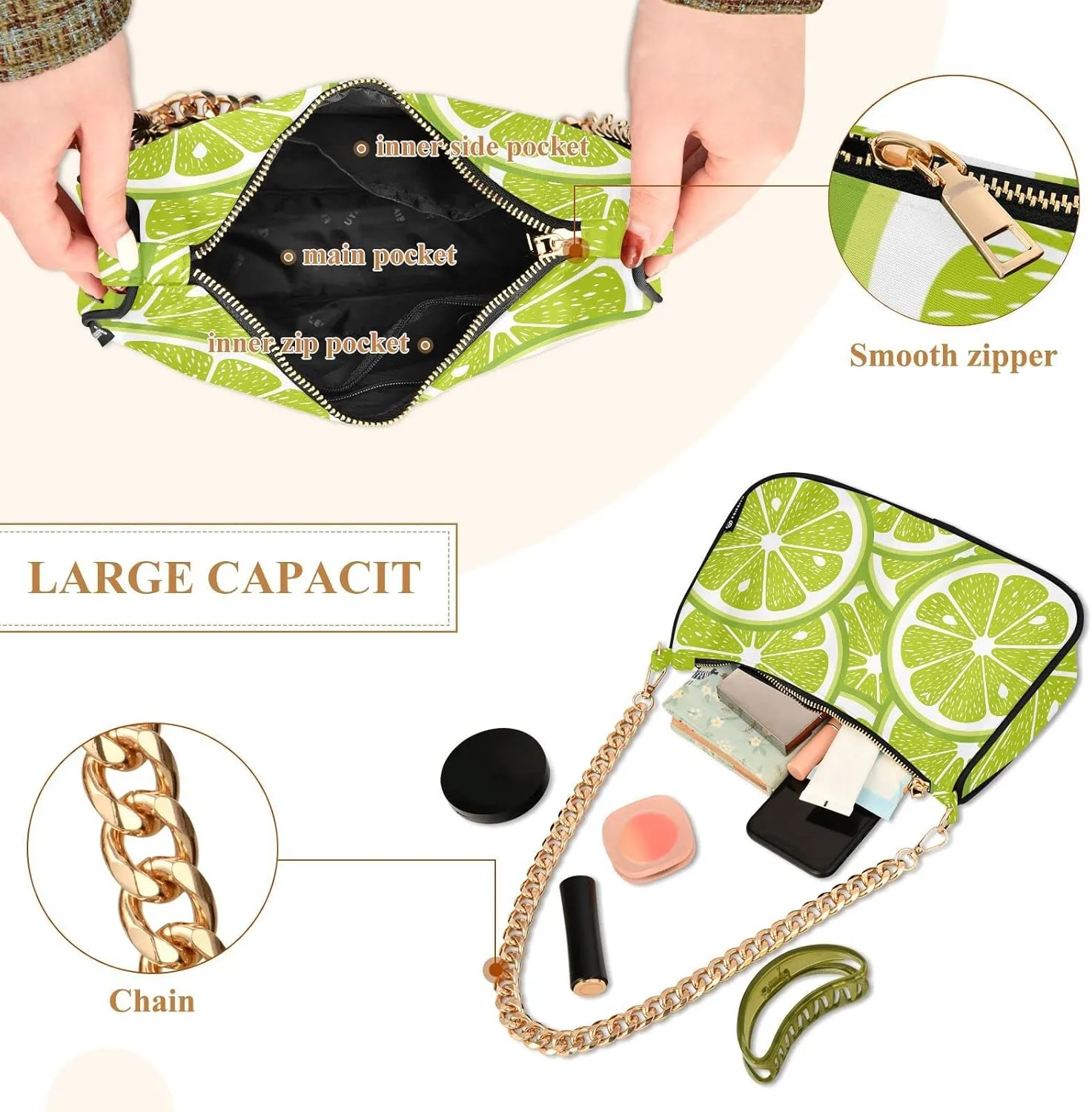 Green Lime Fruits Shoulder Bags for Women Small Handbags Mini Clutch Purse