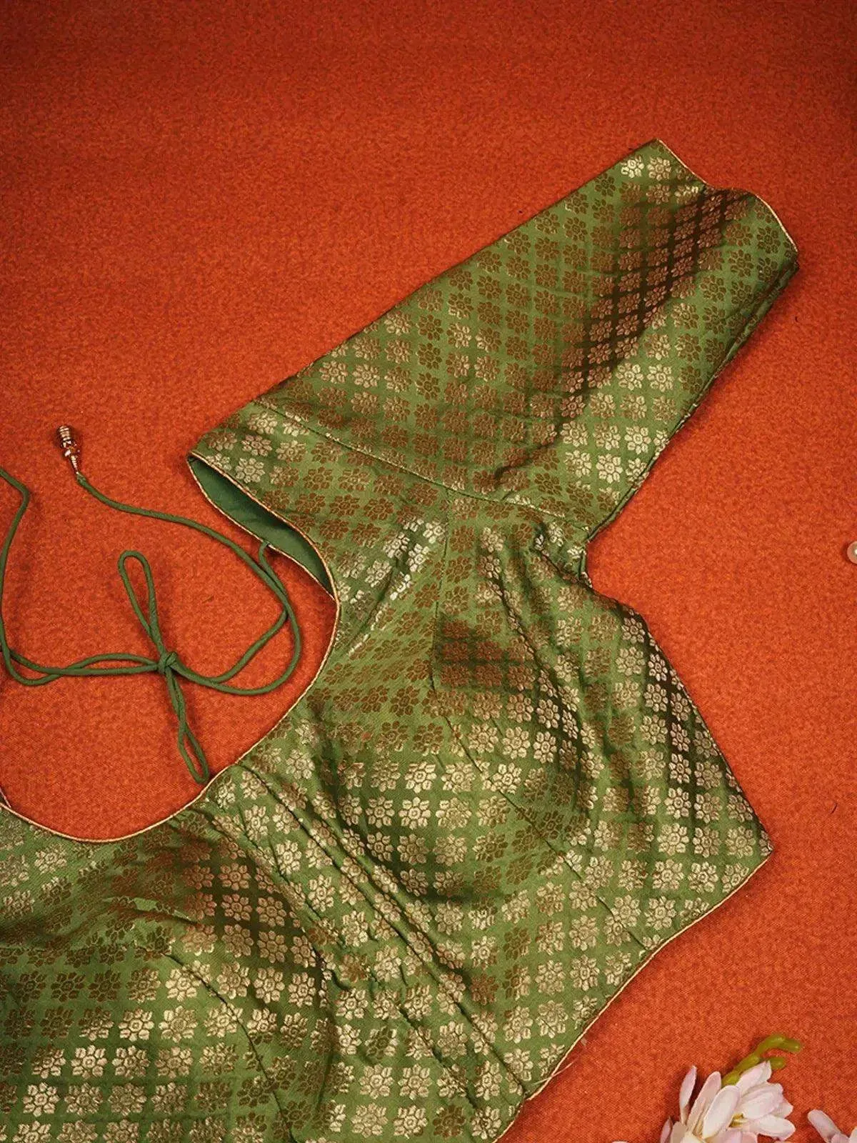 Green Silk Readymade Blouse adorned with Small Floral Motifs Design
