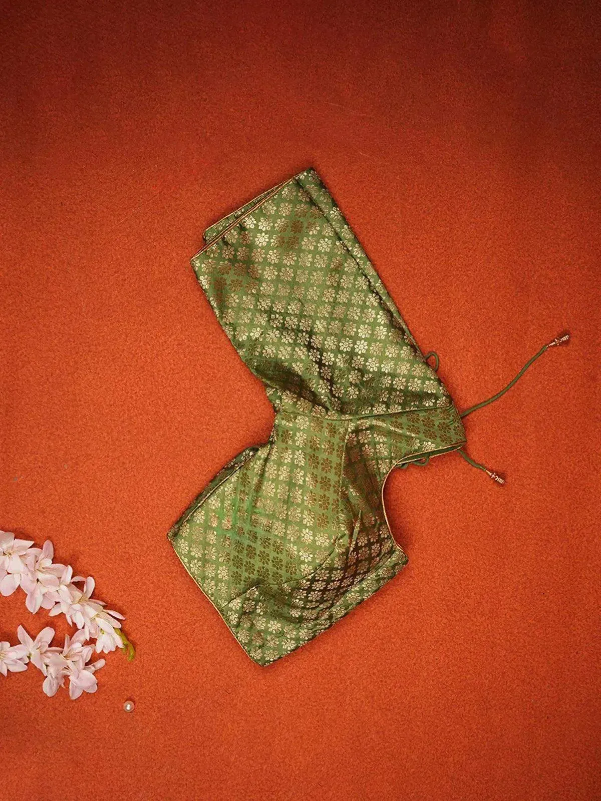 Green Silk Readymade Blouse adorned with Small Floral Motifs Design