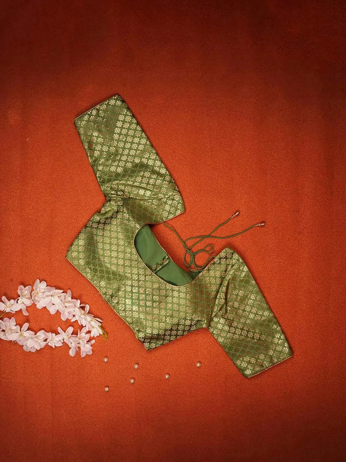Green Silk Readymade Blouse adorned with Small Floral Motifs Design