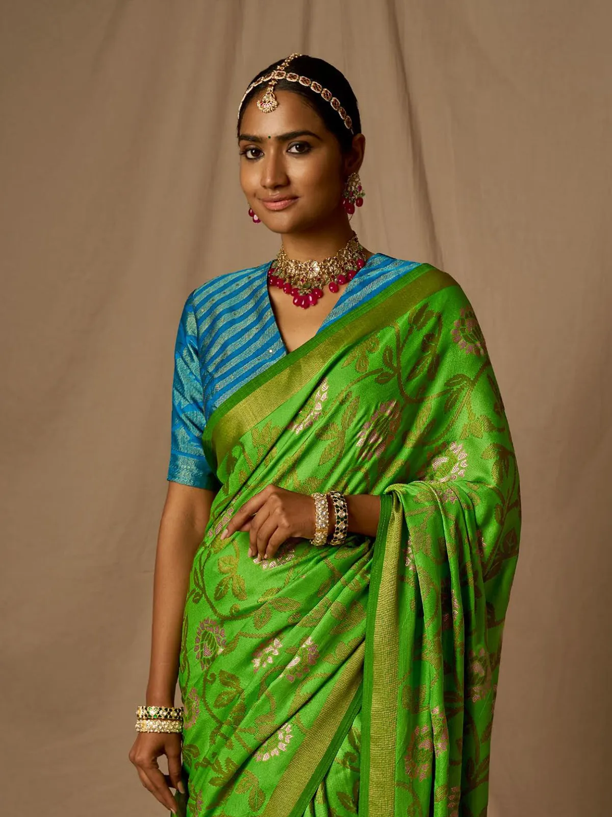Green Silk Saree with Sky Blue Foil Print Blouse