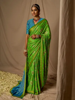 Green Silk Saree with Sky Blue Foil Print Blouse