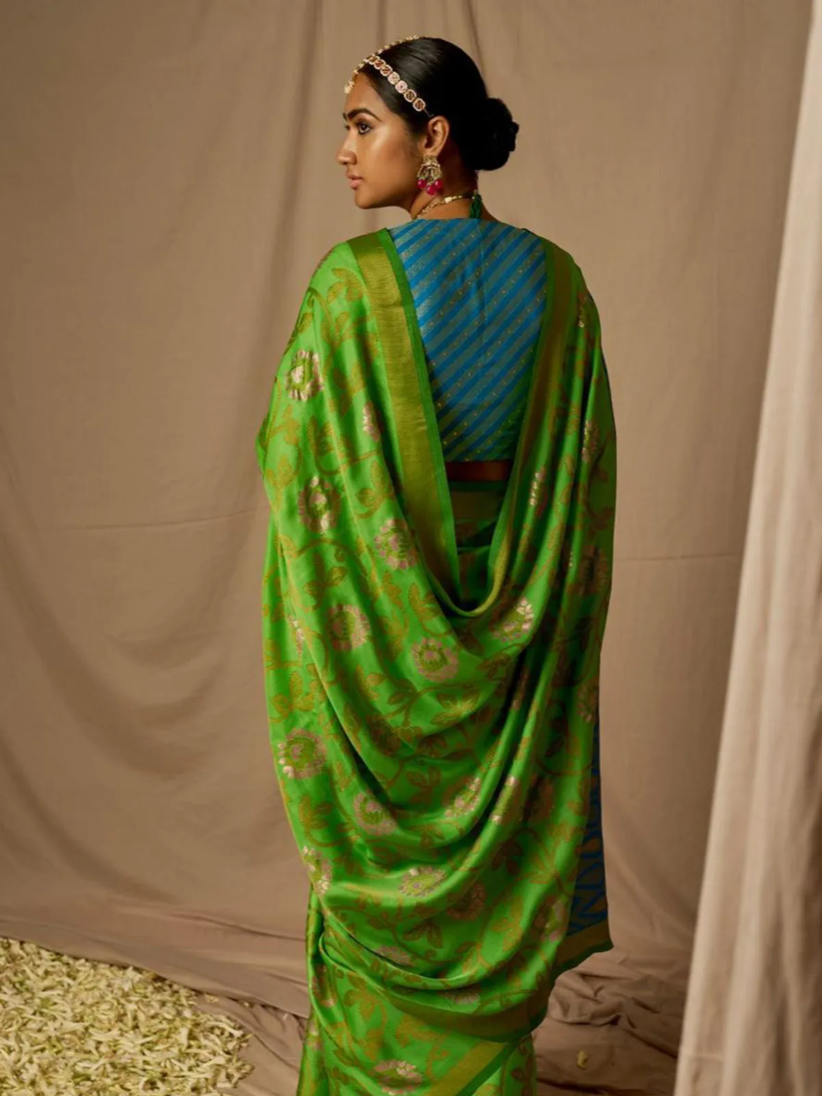 Green Silk Saree with Sky Blue Foil Print Blouse